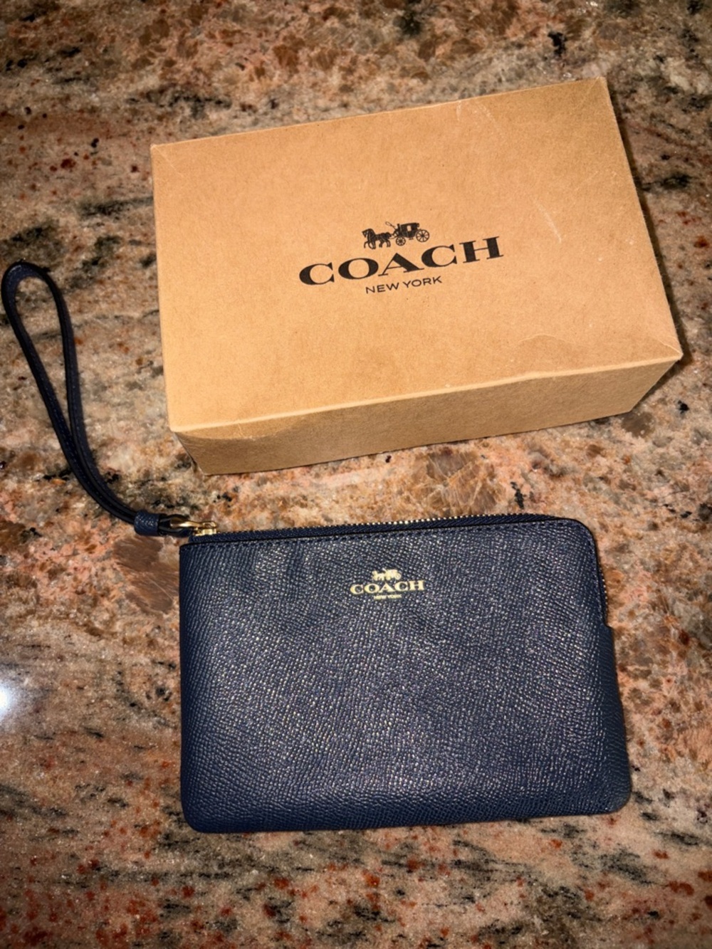 COACH Midnight Blue Cross Grain Leather CORNER ZIP Wristlet Wallet F58032 NEW!